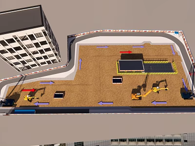 Road Facilities Construction Site With Heavy Equipment And Surrounding Buildings 3d model