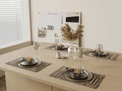 Modern Dining Table Tableware Set With Placemats And Dried Flowers 3d model