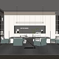 Modern Open Restaurant Interior With Dining Table Chairs And Pendant Lights 3d model