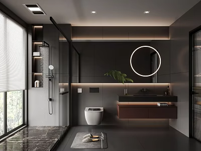 Modern Bathroom Interior With Round Mirror Wall Mounted Vanity Green Plant And Marble Floor 3d model