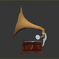 Classic Vintage Gramophone With Golden Horn Wooden Base Vinyl Record And Tonearm