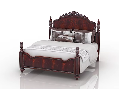 Ornate Dark Wooden Double Bed With Carved Headboard Decorative Bedposts And White Bedspread Pillows 3d model