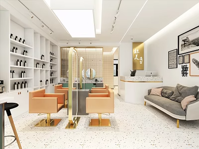 Modern Beauty Salon Interior Design With Comfortable Sofa Styling Chairs Product Shelves And Mirror Counter 3d model