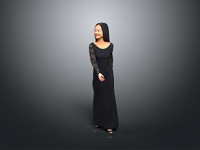 Elegant Woman In Black Long Dress With Lace Sleeves Standing Against Gray Background 3d model
