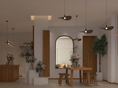 Modern Boutique Store Interior With Wooden Decor Plants Pendant Lights And Arch Window 3d model