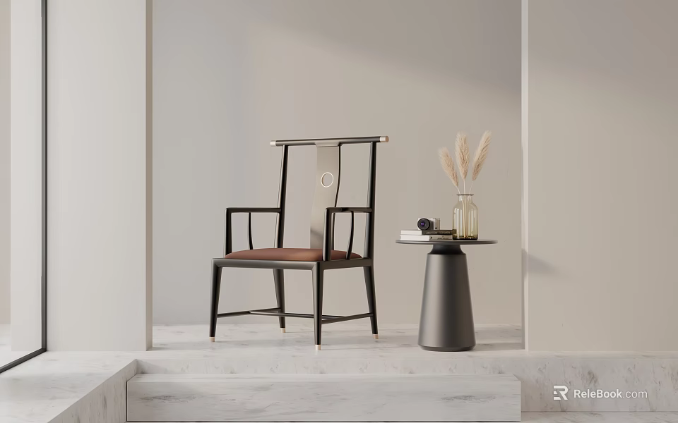 Stylish Modern Dining Chair Featuring Wooden Frame And Brown Cushion With Side Table Decor 3d model 