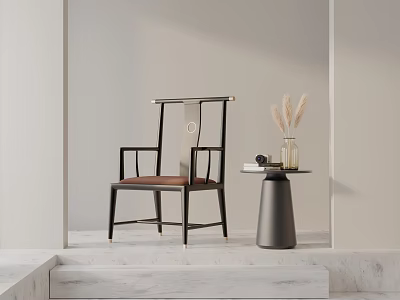 Stylish Modern Dining Chair Featuring Wooden Frame And Brown Cushion With Side Table Decor 3d model
