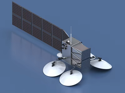 Satellite With Extended Solar Panels And Three White Dish Antennas On Blue Background 3d model
