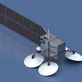 Satellite With Extended Solar Panels And Three White Dish Antennas On Blue Background
