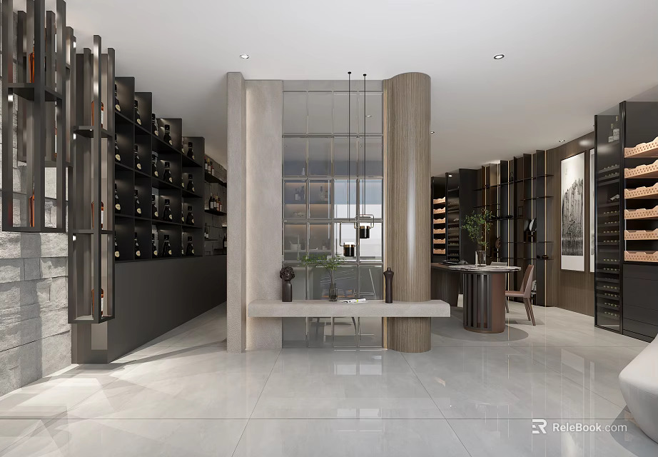 Modern Luxurious Clubhouse Interior With Wine Racks Reception Desk And Floor to Ceiling Windows 3d model 
