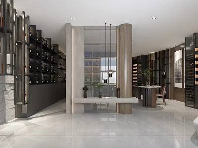 Modern Luxurious Clubhouse Interior With Wine Racks Reception Desk And Floor to Ceiling Windows 3d model