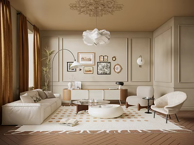 Elegant Modern Living Room Interior With White Sofa Armchairs And Decorative Chandelier 3d model