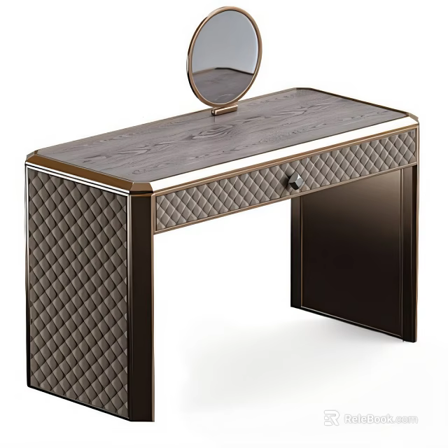 Modern Dressing Table With Wooden Top Metal Frame Quilted Drawer And Mirror 3d model 
