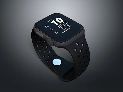 Square Dial Smart Watch With Black Perforated Strap And Digital Display Showing Time 10 10 3d model