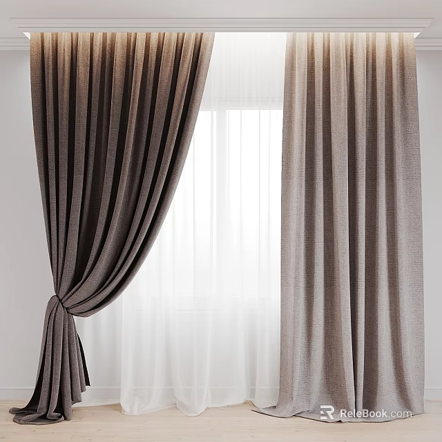 Brown Thick Curtains With White Sheer Layers For Window Decoration 3d model