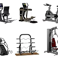 Variety of Fitness Sports Equipment Including Elliptical Trainer Stationary Bike Step Machine and Barbell Rack