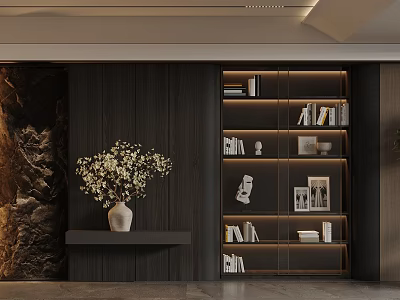 Modern Decorative Cabinet With Wooden Wall Vase Flowers Books And Warm Lighting 3d model