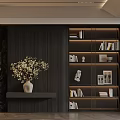 Modern Decorative Cabinet With Wooden Wall Vase Flowers Books And Warm Lighting