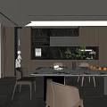 Elegant Modern Restaurant Kitchen Interior With Marble Island Dining Table And Wooden Cabinets