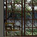 Traditional Wooden Screen With Intricate Lattice Pattern And Tree View Greenery In Interior Space