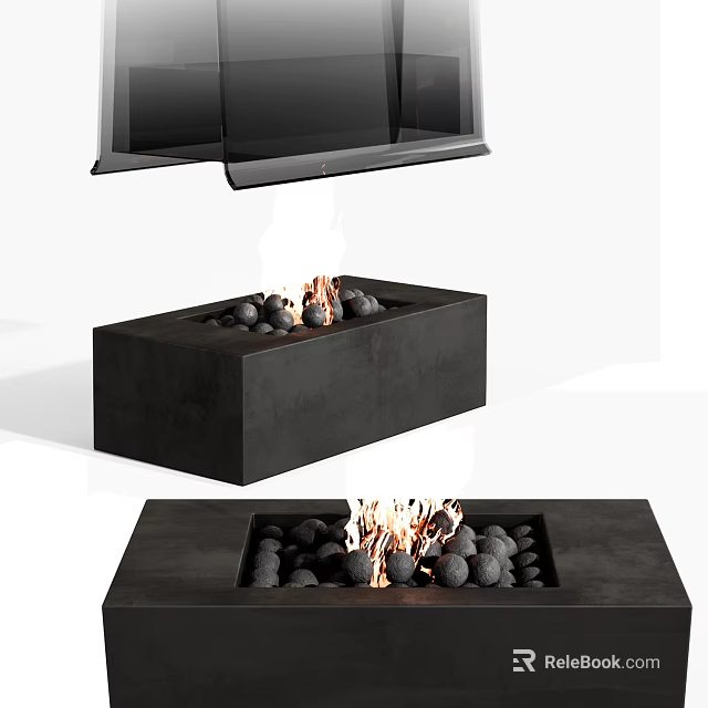 Modern Black Fireplace Design With Burning Fire And Decorative Pebbles 3d model 