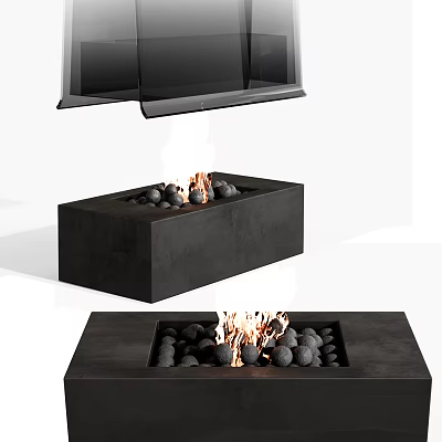 Modern Black Fireplace Design With Burning Fire And Decorative Pebbles 3d model