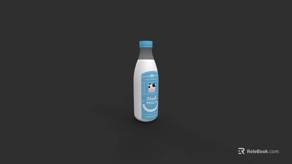 Fresh Milk in White Bottle With Blue Cap And Cow Illustration 3d model 