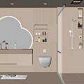 Modern Bathroom Interior With Arched Mirror Wooden Vanity Wall-Mounted Toilet And Glass Shower