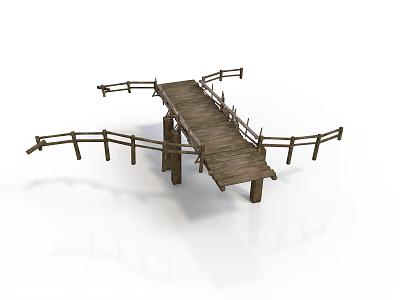 Wooden Bridge Structure With Railings Plank Walkway And Support Pillars 3d model