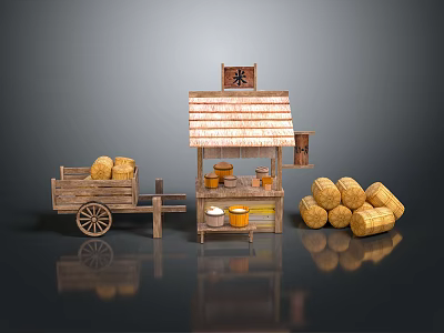 Traditional Rice Shop Scene With Wooden Stall Rice Signboard Sacks And Wooden Cart 3d model