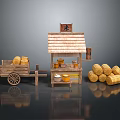 Traditional Rice Shop Scene With Wooden Stall Rice Signboard Sacks And Wooden Cart