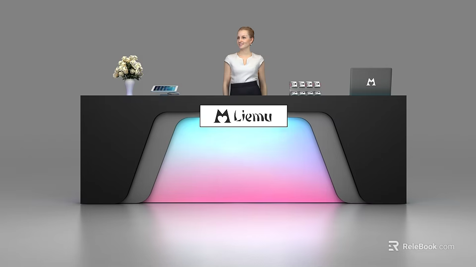 Modern Black Reception Desk with Colorful LED Lights Flower Vase Tablet and Laptop 3d model 