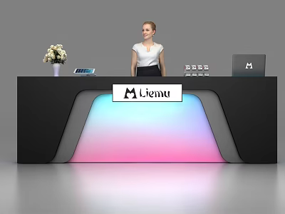 Modern Black Reception Desk with Colorful LED Lights Flower Vase Tablet and Laptop 3d model