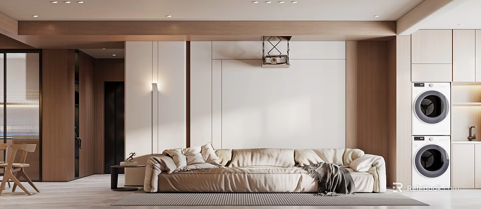 Modern Dining Living Room Interior With Beige Sofa Wooden Elements And Pendant Lighting 3d model 