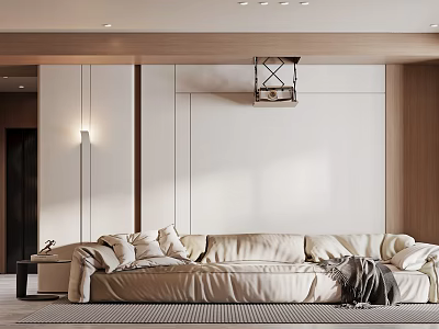 Modern Dining Living Room Interior With Beige Sofa Wooden Elements And Pendant Lighting 3d model