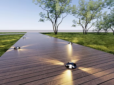 In ground Outdoor Lights Illuminating Wooden Walkway With Grass And Trees 3d model