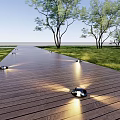 In ground Outdoor Lights Illuminating Wooden Walkway With Grass And Trees