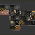 Industrial Metal Platform Structure With Connected Walkways Warning Stripes And Equipment Crates
