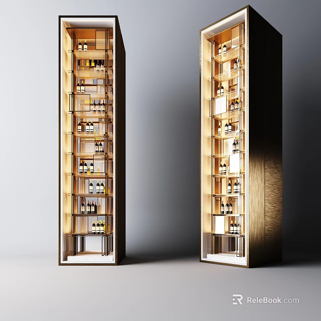 Modern Wooden Wine Cabinet Design With Glass Shelves And LED Lighting For Wine 3d model 