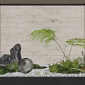 Indoor Landscape With Beige Tile Wall Large Rock Glowing Moon Lamp And Green Fern Plants