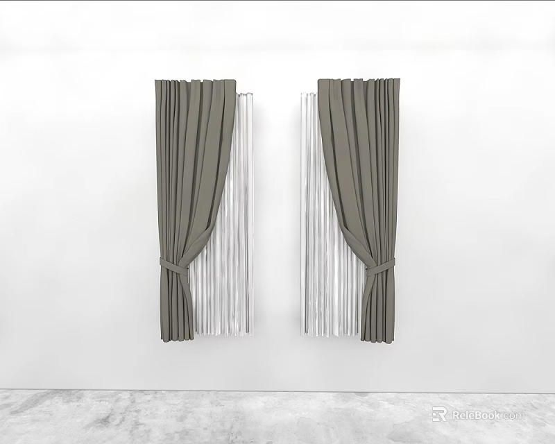 Elegant Gray Fabric Curtains With Tied Pleated Design For Home Window Decoration 3d model 
