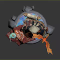 Game Movie Character In Traditional Outfit With Red Bird Blue Lantern And Stone Base