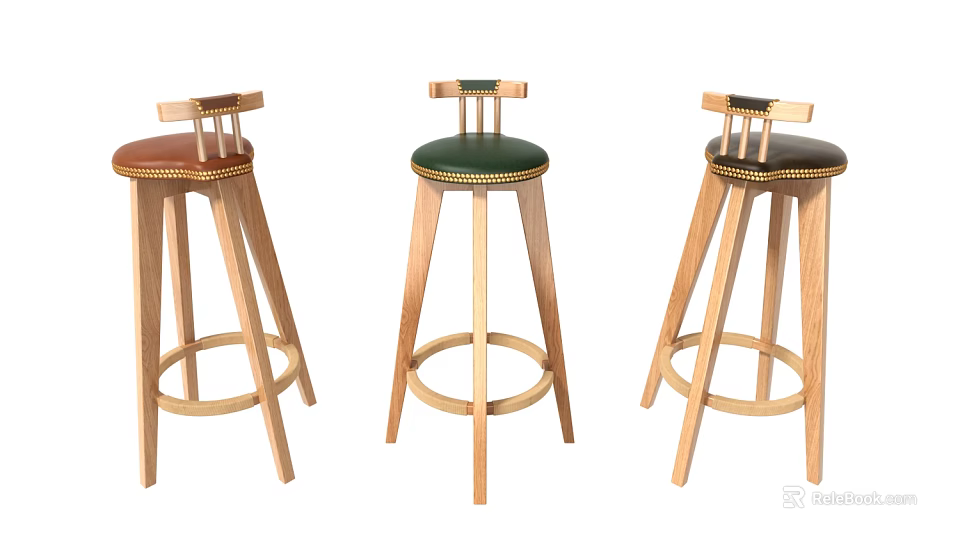 Stylish Bar Stools With Crossed Backrests Wooden Legs And Leather Seats 3d model 