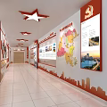 Office Corridor Interior With Red Decorations Wall Displays And Tile Floor