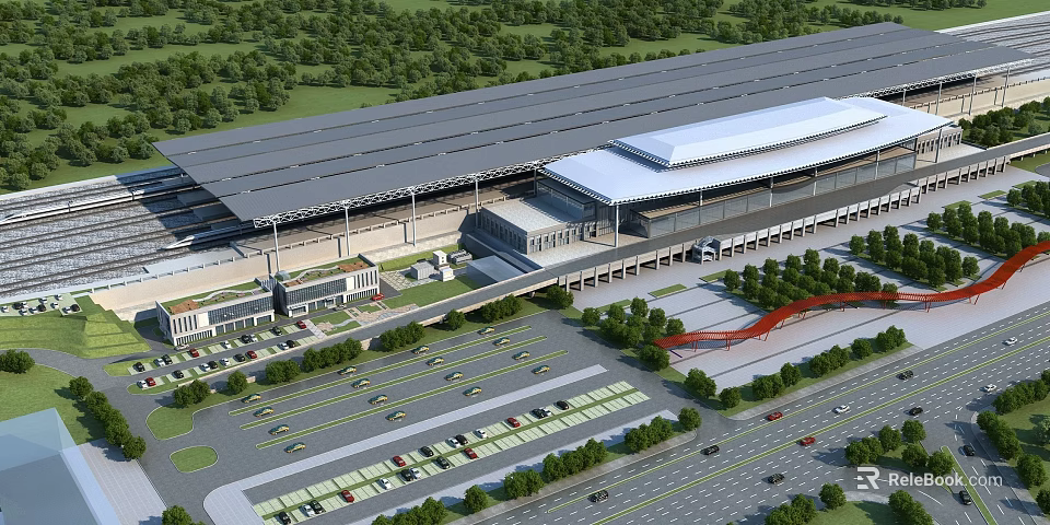 Modern Railway Station With Large Roof Structure Surrounding Greenery Parking Lots And Roads 3d model 