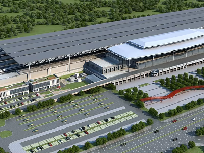 Modern Railway Station With Large Roof Structure Surrounding Greenery Parking Lots And Roads 3d model