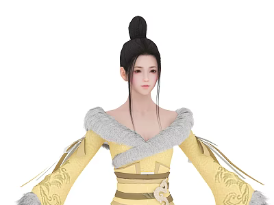 Traditional Female Character In Yellow Robe With Gray Fur Collar Black Bun And Golden Patterns 3d model