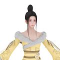 Traditional Female Character In Yellow Robe With Gray Fur Collar Black Bun And Golden Patterns