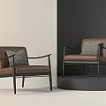 Brown Leather Accent Chairs With Metal Frame Armrests And Checkered Cushions In Minimalist Setting