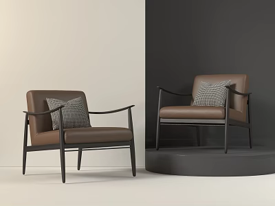 Brown Leather Accent Chairs With Metal Frame Armrests And Checkered Cushions In Minimalist Setting 3d model